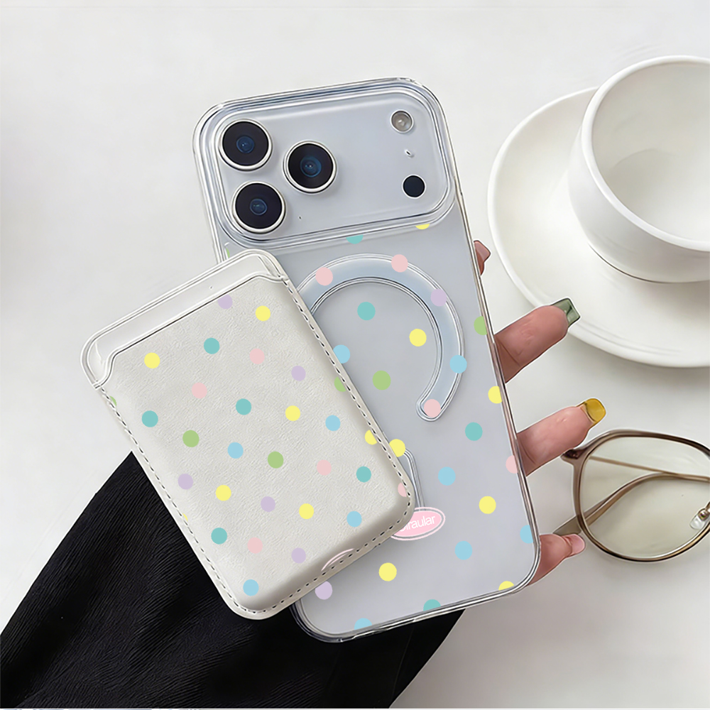 Leather Wallet Card Holder Phone Cover - 컬러풀한 물방울 무늬 마그세이프 지갑형 마그네틱